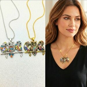 Set of 2 Silver and gold multicolor crystal family owl pendant necklace